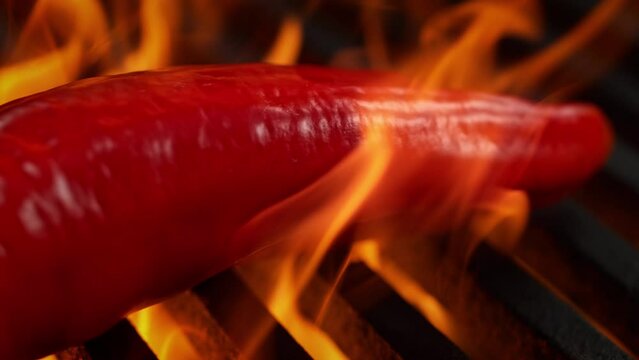 Long Red Pepper Barbecued On A Grill, Roasted By Flames Beneath The Grill Grate