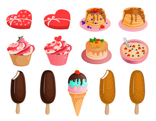 Set of sweets from candies, pancakes, cupcake, cake, cookies, ice cream. Vector collection of illustrations of delicious, high-calorie food.