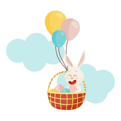 laughing Rabbit Sitting into Basket with Eggs