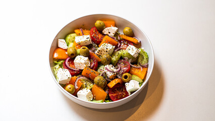 Fresh sliced vegetables for salad in a plate on a white background