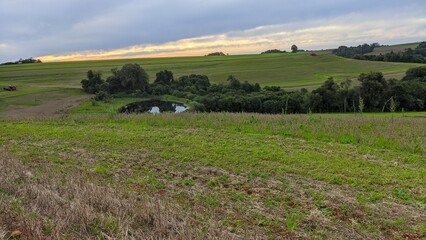 paisagem com lavoura e lago