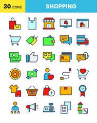 shopping icons set in color filled style. business symbol collection. Ecommerce, market, payment, bag, cart, delivery