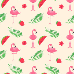 Pink flamingos bird pattern with tropical leaves, strawberries, and watermelons