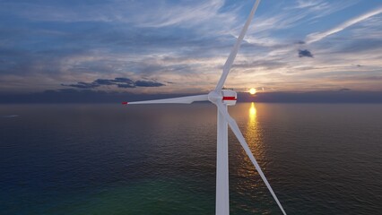 7680x4320. Offshore wind turbines farm on the ocean. Sustainable energy production, clean power, windmill. 3D Rendering.