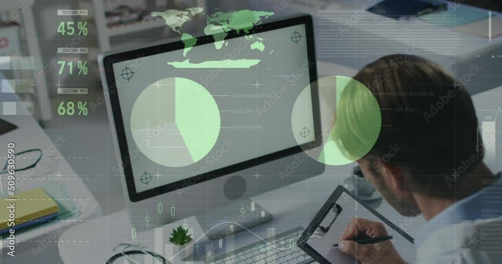 Poster animation of data processing over caucasian businessman using computer