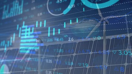 Animation of data processing over solar panels and wind turbines - Powered by Adobe