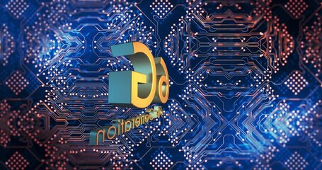 Digital animation of 6g text banner spinning against microprocessor connections on blue background - Powered by Adobe