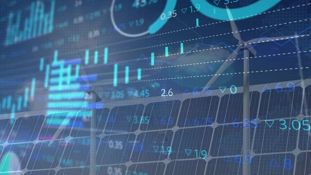 Animation of data processing over solar panels and wind turbines - Powered by Adobe