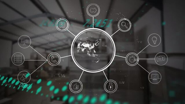 Animation of data processing with globe and connections over warehouse