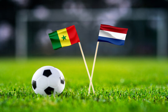 Senegal vs. Netherlands, Al Thumama, Football match wallpaper, Handmade national flags and soccer ball on green grass. Football stadium in background. Black edit space.