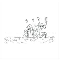 line art drawing of a young happy mother and father leading their son walking together, holding his hand's graphic vector illustration. Parenting education concept. Modern continuous line draw design