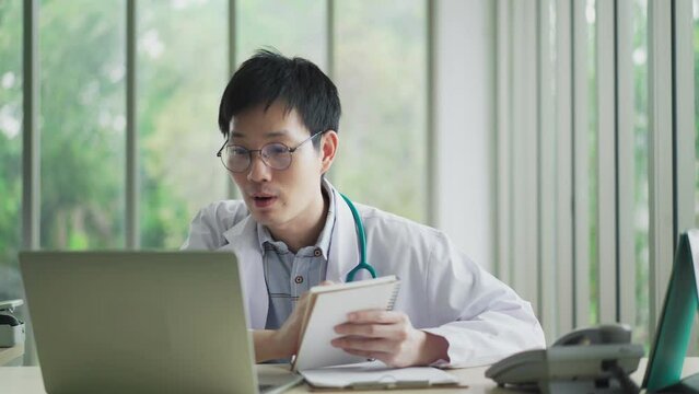 male doctor consulting patient by telemedicine online video call. communicating by webcam in web chat consulting client online. Telemedicine concept