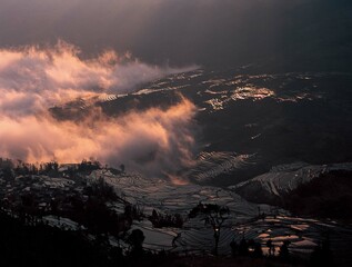 red black terraced fields, farmland with white cloud smock