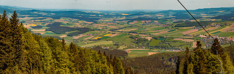 Fototapeta premium High resolution stitched panorama at the famous Hohenbogen summit, Bavarian forest, Bavaria, Germany