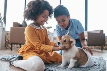 Children enjoying time with their puppy