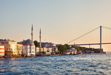 The Bosphorus Bridge and the Ortakoy Mosque at sunset, Istanbul
