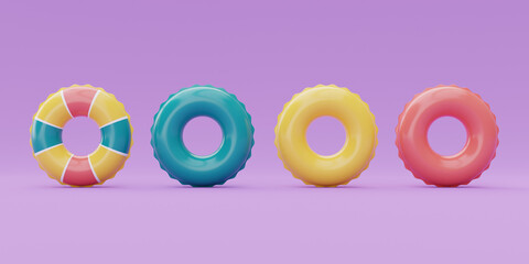 set of colorful summer inflatable ring on purple background, Summer time concept, 3d rendering.
