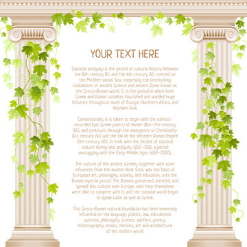 Greek ?olumn Vector Frame. Marble Temple Antique Greece Border Design. Architecture Ancient Ionic Ivy Pillar. Greek Or Roman Banner With Vine. Column Illustration For Wedding Invitation, Museum Flyer