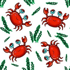 Seamless pattern of sea crabs and algae