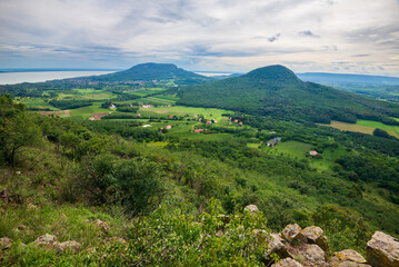 Fototapeta na wymiar View Badacsony from Toti-Hill in Balaton Highlands. Badacsony Hill with the Lake Balaton in Hungary