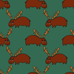 Funny cartoon elk seamless pattern, isolated on dark green background. Decorative texture with forest animal.