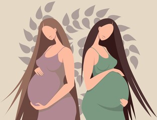Side view silhouettes of a pregnant women with a bellies. Pregnancy flat characters. Flat stock vector illustration isolated on white background. Happy pregnant women - 509636168
