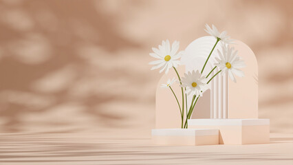 3D render template empty white and cream podium for mockup in landscape with daisy decoration