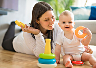 Mother and the Cute 8 month baby laying on floor, playing with toys