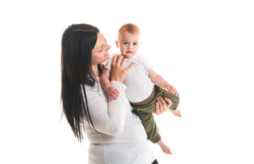 Cheerful baby boy toddler with his mother on white studio background