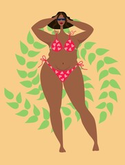 Beautiful plump girl. African American woman in swimming suit. Body positive. Plus size female body. Flat vector illustration. - 509638108