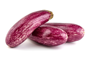 Purple striped eggplant, isolated on white background. - obrazy, fototapety, plakaty