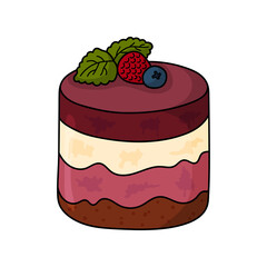 Pretty doodle cake. Design sketch element for menu cafe, bistro, restaurant, coffeehouse, bakery, label, poster, banner, flyer and packaging. Vector colorful illustration on a white background.