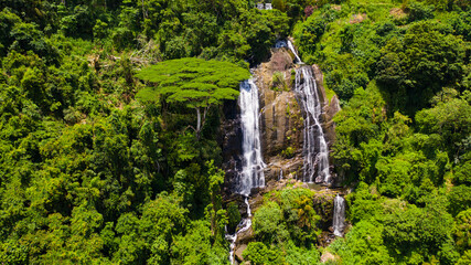 Fototapeta na wymiar Waterfall in the green forest. Hunas Falls in the jungle. Hunnasgiriya, Sri Lanka.