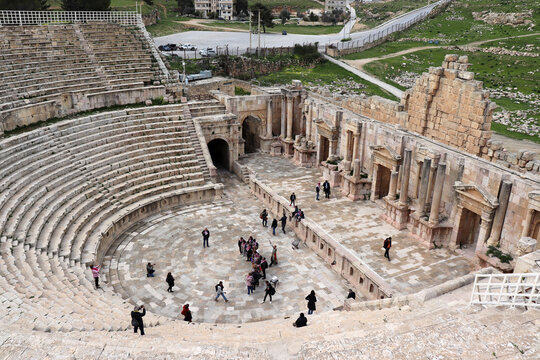  Jerash, Jordan - amphitheater in historical Jerash city (Grassa) Roman and Greek city