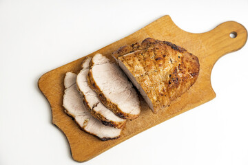 Cooking meat dishes. Sliced pork tenderloin. top view.