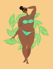 Beautiful African American girl posing in a swimming suit. A plump young woman. Body positive. Flat vector illustration - 509640153