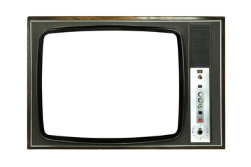 Old 1970s TV with white screen isolated on white background. Vintage TVs 1960s 1970s 1980s 1990s...