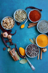 Fototapeta na wymiar Aromatic herbs and spices. Decorative bowls full of various spices. Mediterranean lifestyle still life. Vibrant colors of paprika, turmeric powder, pepper, nuts, anise, cardamom, bay leaf, dry herbs.