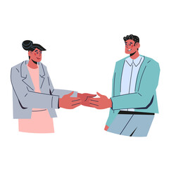 Fototapeta premium Colleagues congratulating each other with success, contract conclusion. Business handshaking gesture between colleagues or partners, flat vector illustration isolated on white background.