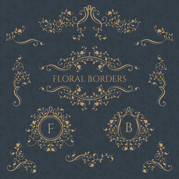  Collection of decorative  elegant frames and borders.  Classic floral ornament. Graphic design pages.