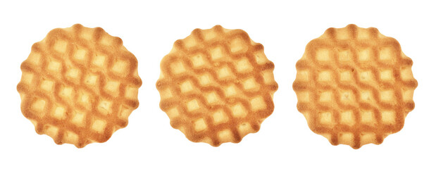 Delicious cookies in a cage. round waffle top view on a white background. cookies according to home recipes