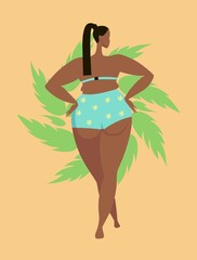 Beautiful African American girl posing in a bathing suit. A plump young woman. Body positive. Flat vector illustration - 509641127