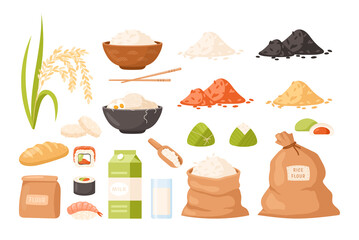  Rice cereal spikelets icon set.  Vector cartoon collection of organic rice products: flour, sushi, mochi, noodles, bread, chips, zongzi, rice bags and milk. Rice plantation. Agricultural product.