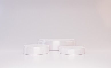 Three level white round podium on white background. Winner stage.Empty pedestal mockup. 3d render image