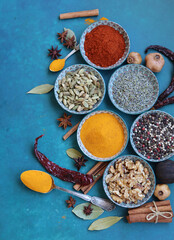 Aromatic herbs and spices. Decorative bowls full of various spices. Mediterranean lifestyle still life. Vibrant colors of paprika, turmeric powder, pepper, nuts, anise, cardamom, bay leaf, dry herbs.