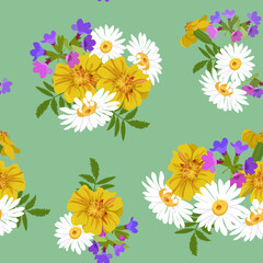 Seamless vector illustration with yellow marigolds and chamomile on a green background.
