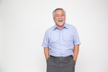 Portrait of senior asian man smile and looking at camera isolated over white background, Feeling happy concept