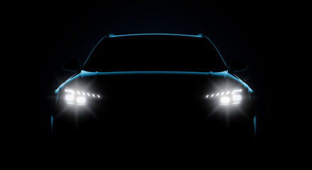 Front view with headlights of a generic and unbranded car. 3D illustration