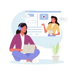 Woman student studying with laptop and listening teacher. E-learning