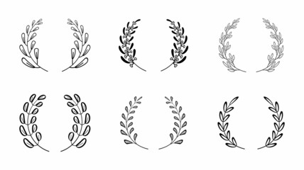 Laurels vector set. Set of different linear laurel leaves. Wheat and olive wreaths for victory, triumph.